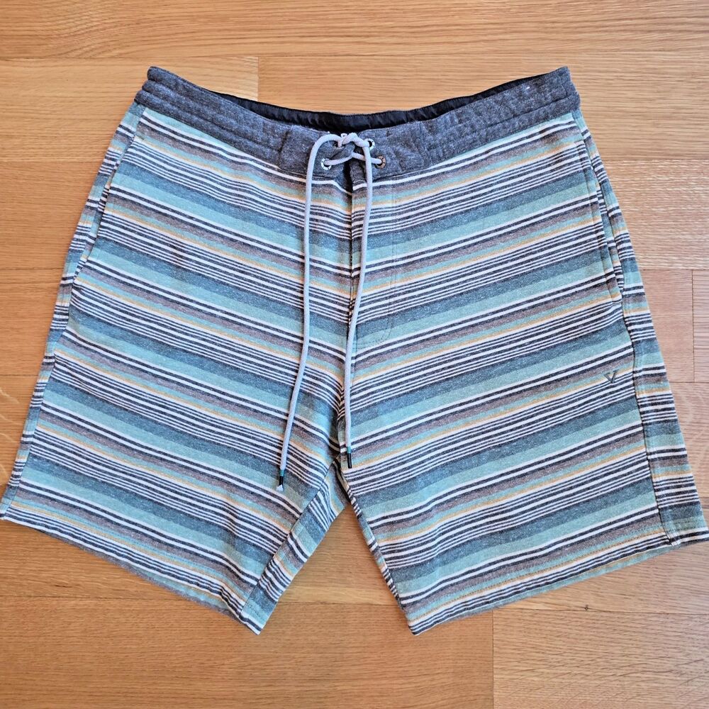 VISSLA Men’s Sofa Surfer Sweat Shorts in Teal Blue Gold Gray Stripe Large